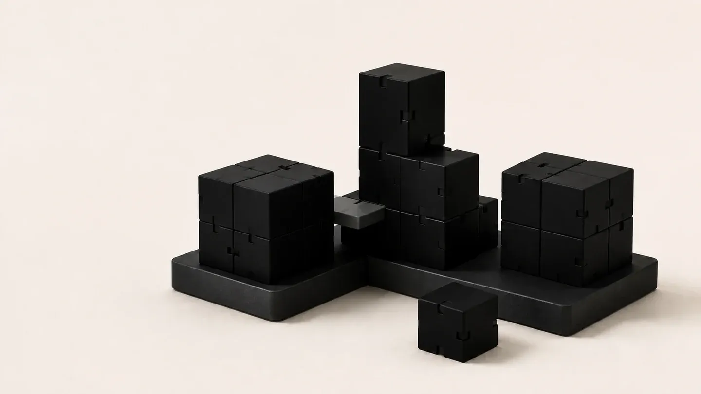 Modulares System aus präzise verbundenen schwarzen Bausteinen